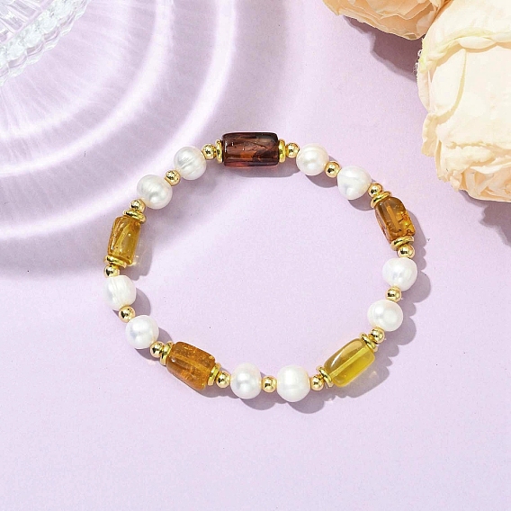 Эластичные браслеты для женщин из натурального культивированного пресноводного жемчуга и янтаря., кубоид и рондель, с латунным