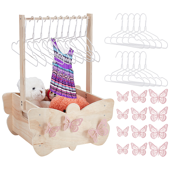 1Pc DIY Plywood Baby Clothes Basket Set, with 10Pcs Plastic Kids' Hanger and 12Pcs Paper Hollow Butterfly Wall Stickers Decorations