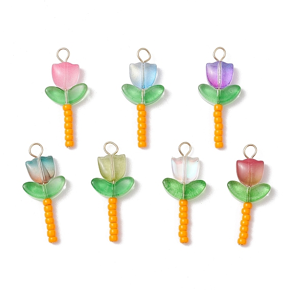 Стеклянные подвески, цветок, с 304 штифтами из нержавеющей стали с плоской головкой и бисером, cmешанных цветов