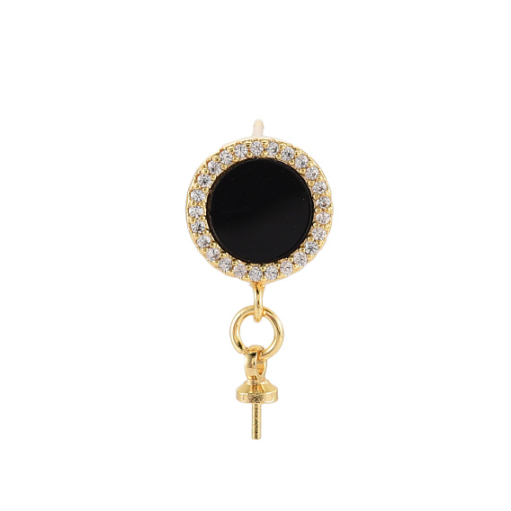 Brass Micro Pave Clear Cubic Zirconia Stud Earring Findings, for Half Drilled Bead, Nickel Free, with Enamel, Real 18K Gold Plated, Flat Round