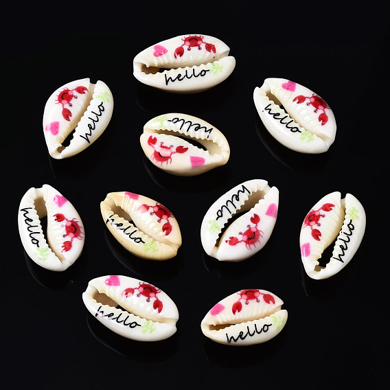Printed Natural Cowrie Shell Beads, No Hole, Crab Pattern & Word Hello