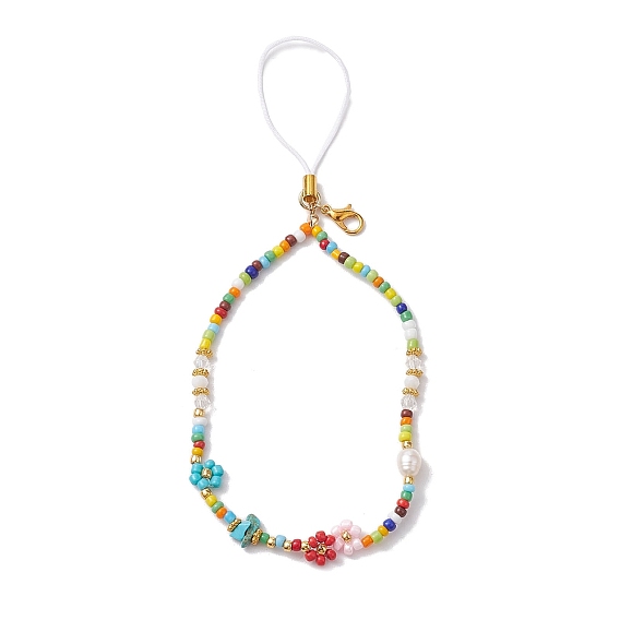 Ремешки для мобильных телефонов из стеклянных семян, натурального говлита и натурального культивированного пресноводного жемчуга, декор для мобильных аксессуаров из нейлонового шнура, цветок