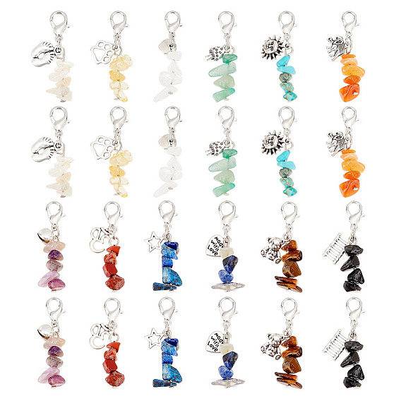 48шт 12 стиль драгоценные камни бусины подвески украшения, подвески с застежкой-лобстером, с подвесками из сплава в тибетском стиле и железной фурнитурой, звезда и медведь и сердце, слон, след