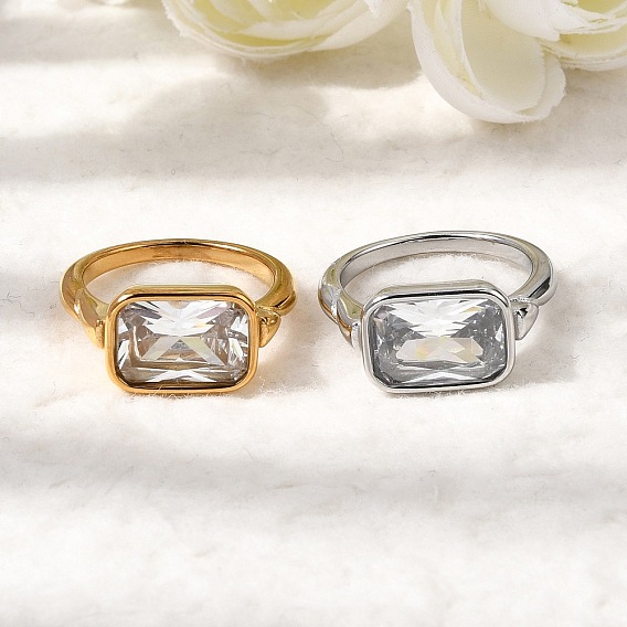 304 Кольца из нержавеющей стали с одиночными кубическими циркониями для женщин, прямоугольные