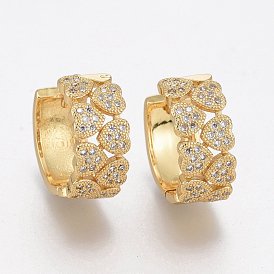 Brass Micro Pave Clear Cubic Zirconia Huggie Hoop Earrings, Long-Lasting Plated, Ring with Heart