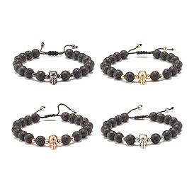 Adjustable Skull Braided Bead Bracelets, Brass Micro Pave Cubic Zirconia & Lava Rock Bracelets, Nylon Thread Bracelets