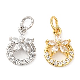 Rack Plating Brass Pave Clear Cubic Zirconia Ring Charms with Flower, Long-Lasting Plated, Lead Free & Cadmium Free, with Jump Ring