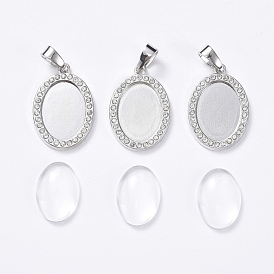 Поделки кулон решений, с подвесными кабошонами из сплава и горного хрусталя и кабошоном из прозрачного овального стекла