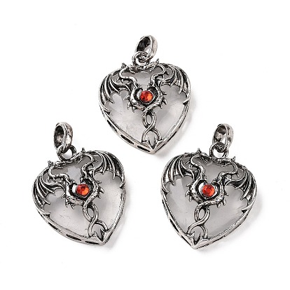 Gemstone Pendants, Heart Charms, with Rack Plating Antique Silver Tone Hyacinth Rhinestone Dragon Wing Findings