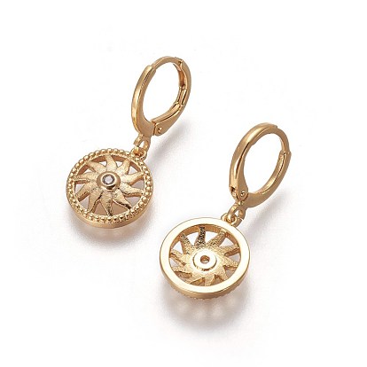 Brass Dangle Hoop Earrings, with Micro Pave Cubic Zirconia, Flat Round with Sun