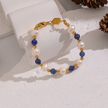304 Браслеты из нержавеющей стали, натурального пресноводного жемчуга и лазурита для женщин, рондель, без кадмия, без никеля и без свинца