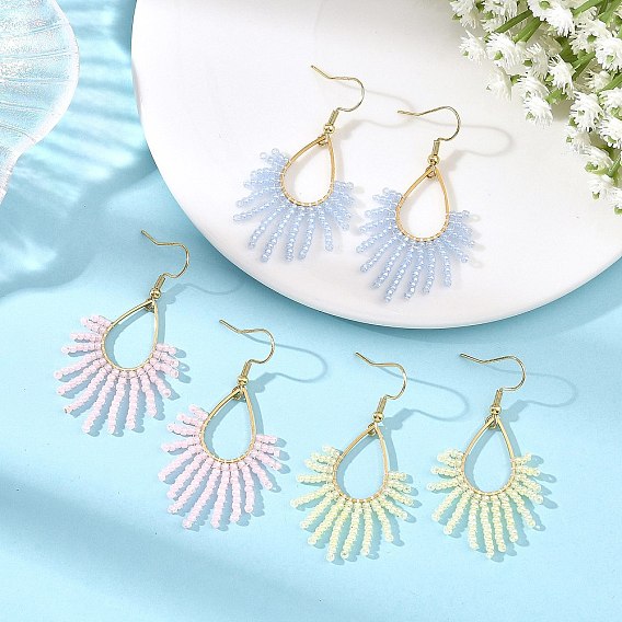 Stainless Steel with Glass Seed Beads Dangle Earrings, Teardrop, Golden