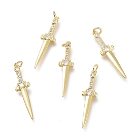 Brass Micro Pave Clear Cubic Zirconia Pendants, with Jump Rings, Long-Lasting Plated, Sword