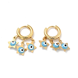 Enamel Star with Evil Eye Dangle Hoop Earrings, Gold Plated 304 Stainless Steel Jewelry for Women