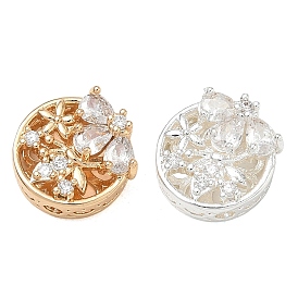 Brass Micro Pave Clear Cubic Zirconia Beads, Flat Round & Flower