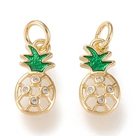 Brass Micro Pave Clear Cubic Zirconia Charms, with Enamel, Long-Lasting Plated, Pineapple
