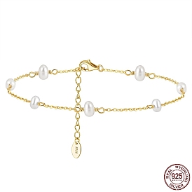 925 Bracelet de cheville en chaîne torsadée en argent sterling avec perles d'eau douce naturelles ovales pour femme, avec cachet s