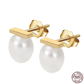 925 Sterling Silver Stud Earrings with Pearl Beaded, with S925 Stamp
