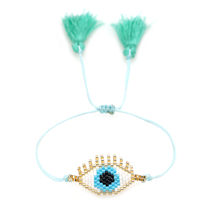 Friendship Evil Eye Loom Pattern Seed Beads Bracelets for Women, Adjustable Tassel Nylon Cord Braided Bead Bracelets