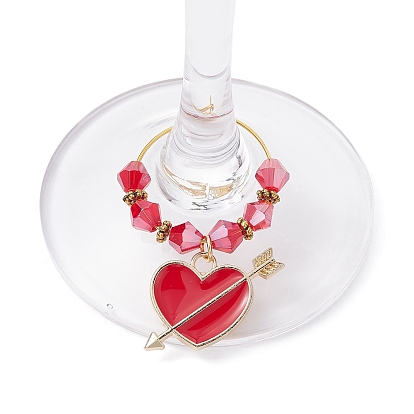 Valentine's Day Alloy Enamel Pendants Wine Glass Charms Sets, with Brass Hoop Earrings Findings and Glass Beads, Rose/Heart/Lock