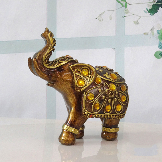 Resin Carved Elephant Figurines, with Rhinestone, for Home Office Desk Decorations