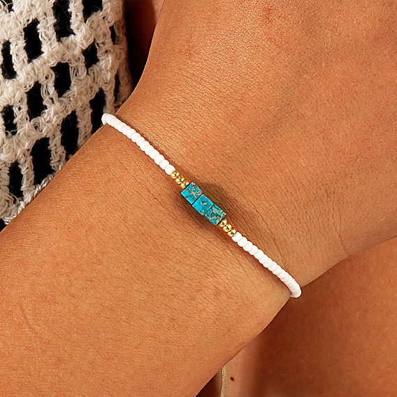 Минималистский дизайн плоские круглые стеклянные бусины плетеные бусины стрейч для женщин, с бирюзовым бисером