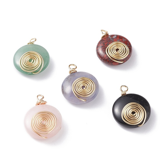 Natural & Synthetic Gemstone Pendants, with Real 18K Gold Plated Eco-Friendly Copper Wire, Flat Round