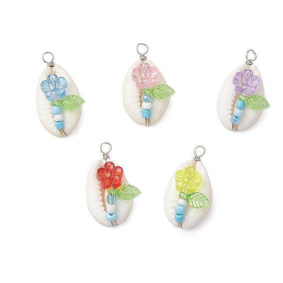 Подвески в форме цветочных ракушек из натуральной ракушки каури, акрила и стекла, с обмоткой из медной проволоки, платина