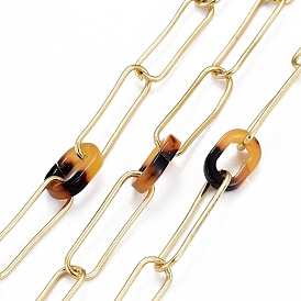 Chaînes de trombones en laiton faits à la main, chaînes de chaînes de câble allongées étirées, avec anneaux de liaison en acrylique, soudé, réel 18 k plaqué or