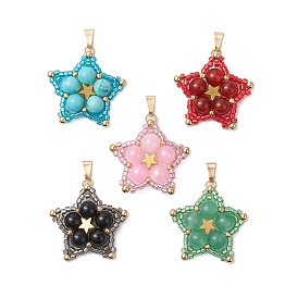 Gemstone Star Pendants, with Glass Seed Beads, Golden