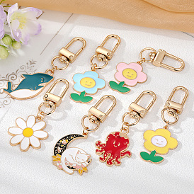 Cute Colorful Flower Keychain with Whale, Cat and Girl Heart Pendant