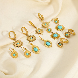 Винтажный французский стиль 304 серьги-кольца из нержавеющей стали, с синтетическими бирюзовый, золотые