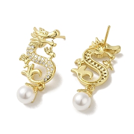 Rack Plating Brass Micro Pave Clear Cubic Zirconia Dragon Hold Glass Pearl Ball Stud Earrings for Women, Cadmium Free & Lead Free, Long-Lasting Plated