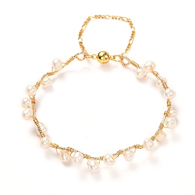 Natural Pearl Braided Bangle for Girl Women, Brass Bangle with Magnetic Clasps