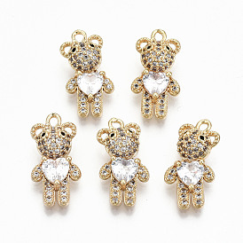 Brass Micro Pave Clear Cubic Zirconia Pendants, Inlay Bear Shape Charms, Nickel Free