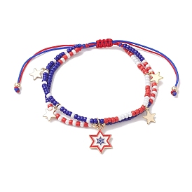 Independence Day Alloy Enamel Star Charm Bracelets, Adjustable Glass Seed Beads Double Strand Braided Bracelets for Women, Blue & White