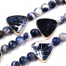 Natural Sodalite Beads Strands, with Light Gold Brass Edge, Triangle & Round