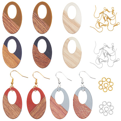 Kits de fabrication de boucles d'oreilles pendantes en bois de noyer, 10 pcs 5 couleurs pendentifs ovales en résine et bois de noyer, crochets et anneaux de saut en laiton