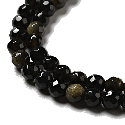 Natural Golden Sheen Obsidian Beads Strands, Round, Faceted