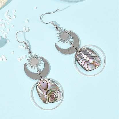 201 Stainless Steel & Natural Paua Shell Pendants Dangle Earrings, Sun with Moon, 304 Stainless Steel Dangle Earrings for Women
