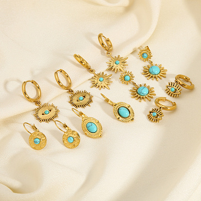 Винтажный французский стиль 304 серьги-кольца из нержавеющей стали, с синтетическими бирюзовый, золотые