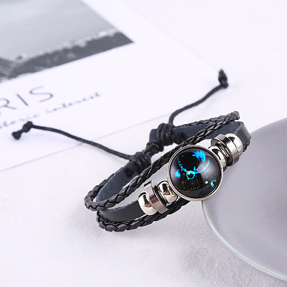 Vintage Zodiac Constellation Leather Bracelet with Glass Night Sky and Glow-in-the-Dark Stars for Couples