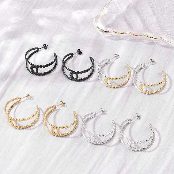 304 Stainless Steel Stud Earrings for Women, Half Hoop Earrings, Ion Plating(IP)