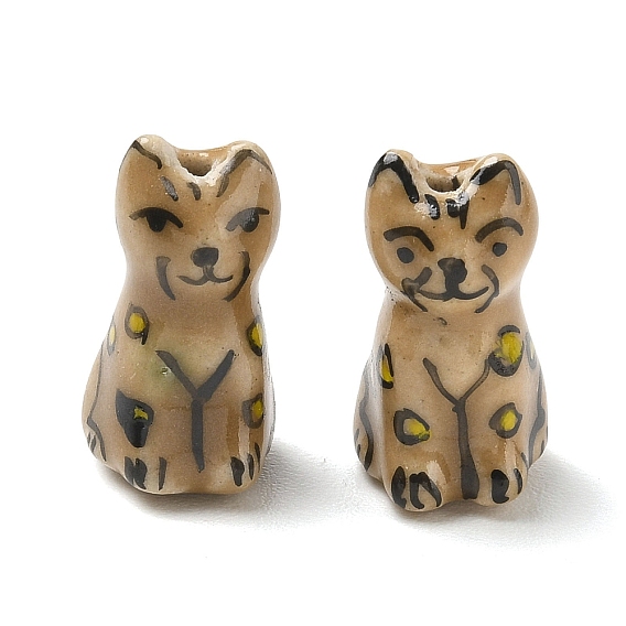 Handmade Porcelain Beads, Hand Painted, Cat Shape