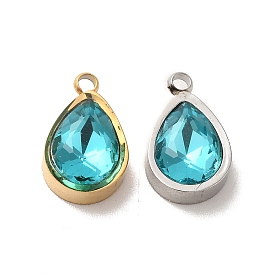 304 Stainless Steel Pendants, with Dark Turquoise Glass, Teardrop Charms
