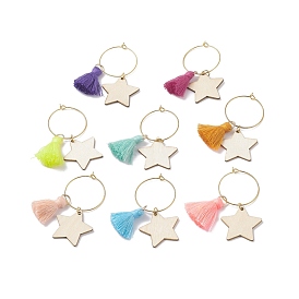 8Pcs Brass Wine Glass Charms Set, with Wooden & Tassel Pendants, Star