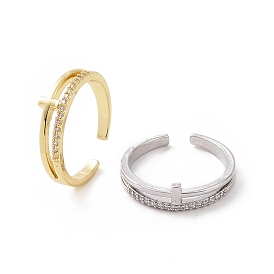 Clear Cubic Zirconia Cross Open Cuff Ring, Brass Jewelry for Women