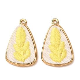 304 Stainless Steel & Cloth Embroidered Pendants, Triangle with Flower Charms, Ion Plating(IP), Long-Lasting Plated, Real 18K Gold Plated