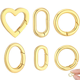 6Pcs 6 Styles Brass Spring Gate Rings, Cadmium Free & Lead Free, Long-Lasting Plated, Ring & Heart & Oval