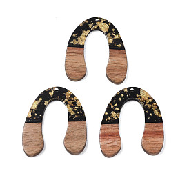 Transparent Resin & Waxed Walnut Wood Pendants, with Gold Foil, Horse Shoe